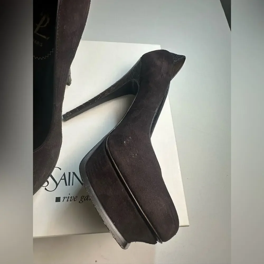 Saint Laurent Tribute YSL 105 Suede‎ Ostrich Platform Heels Size 7.5 Brown